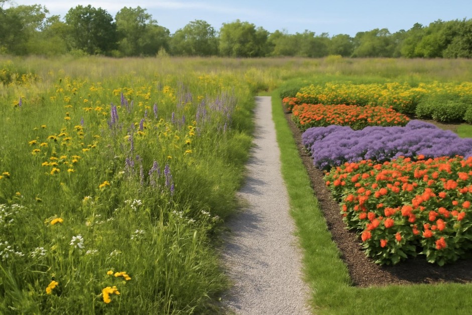 A comparison of an informal native meadow and a neat formal flower bed in different seasons