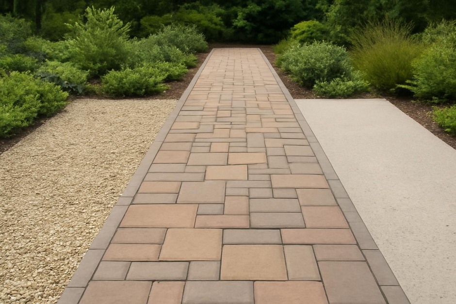 Three types of path surfaces: gravel, interlocking pavers and a smooth permeable concrete panel