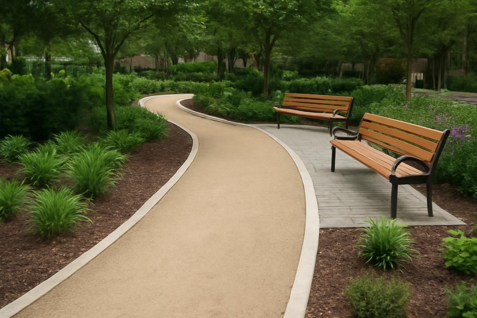A modest urban park path with clear edges, plantings and seating